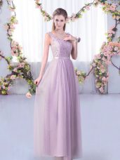 Lavender Empire Lace and Belt Wedding Party Dress Side Zipper Tulle Sleeveless Floor Length