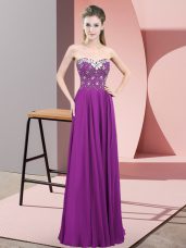 Purple Chiffon Zipper Sweetheart Sleeveless Floor Length Homecoming Dress Beading