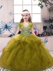 Floor Length Lace Up Girls Pageant Dresses Olive Green for Party and Sweet 16 and Wedding Party with Beading and Ruffles