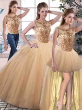 Free and Easy Scoop Sleeveless Lace Up 15 Quinceanera Dress Gold Tulle