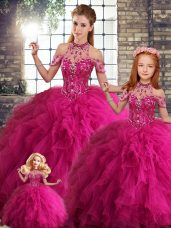 Best Halter Top Sleeveless Lace Up Quinceanera Dress Fuchsia Tulle