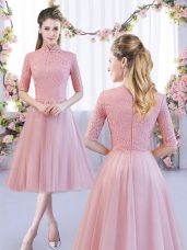 On Sale Half Sleeves Tea Length Lace Zipper Quinceanera Dama Dress with Pink