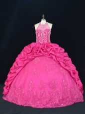 Beading and Appliques and Embroidery and Pick Ups Quinceanera Dress Hot Pink Lace Up Sleeveless
