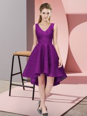 Customized Purple A-line Lace Bridesmaid Dresses Zipper Lace Sleeveless High Low