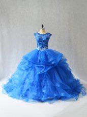 Hot Selling Royal Blue Tulle Lace Up Sweet 16 Quinceanera Dress Sleeveless Brush Train Beading and Lace