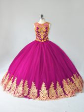 Fuchsia Ball Gowns Scoop Sleeveless Tulle Floor Length Lace Up Beading and Appliques Sweet 16 Dress