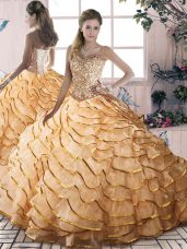 Artistic Gold Sleeveless Beading and Ruffled Layers Lace Up Quinceanera Gowns