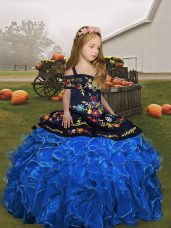 Best Blue Organza Lace Up Child Pageant Dress Sleeveless Floor Length Embroidery and Ruffles