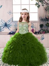 Olive Green Ball Gowns Organza Scoop Sleeveless Beading and Ruffles Floor Length Lace Up Pageant Dress Womens