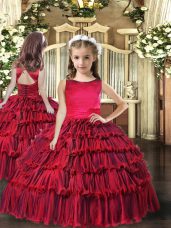 Charming Floor Length Ball Gowns Sleeveless Red Little Girl Pageant Dress Lace Up