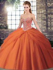 Super Brush Train Ball Gowns Ball Gown Prom Dress Orange Red Sweetheart Tulle Sleeveless Lace Up