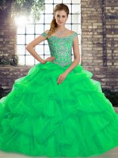 Stylish Green Off The Shoulder Lace Up Beading and Pick Ups Ball Gown Prom Dress Brush Train Sleeveless