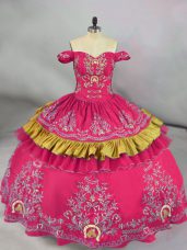 Free and Easy Hot Pink Lace Up Off The Shoulder Embroidery Quince Ball Gowns Satin Sleeveless