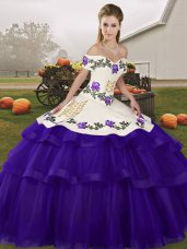 Off The Shoulder Sleeveless Tulle Quinceanera Gowns Embroidery and Ruffled Layers Brush Train Lace Up