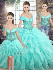 Trendy Aqua Blue Quinceanera Gown Military Ball and Sweet 16 and Quinceanera with Beading and Ruffles Off The Shoulder Sleeveless Brush Train Lace Up