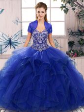 Perfect Royal Blue Lace Up 15 Quinceanera Dress Beading and Ruffles Sleeveless Floor Length