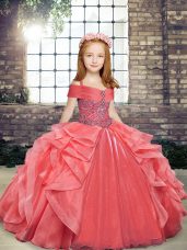 Trendy Floor Length Lace Up Little Girl Pageant Gowns Coral Red for Party and Military Ball and Wedding Party with Beading and Ruffles