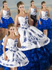 Artistic Embroidery and Ruffles 15 Quinceanera Dress Blue And White Lace Up Sleeveless Floor Length