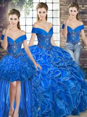 Royal Blue Sweet 16 Quinceanera Dress Military Ball and Sweet 16 and Quinceanera with Beading and Ruffles Off The Shoulder Sleeveless Lace Up