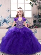 Fashion Sleeveless Floor Length Beading Lace Up Little Girls Pageant Gowns with Purple