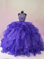 Cheap Two Pieces Sleeveless Purple Quinceanera Dresses Brush Train Backless
