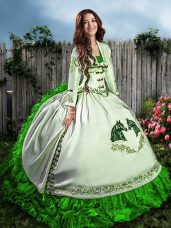 Green Ball Gowns Embroidery and Ruffles Ball Gown Prom Dress Lace Up Organza Sleeveless Floor Length