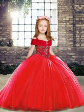Lace Up Little Girl Pageant Gowns Red for Party and Sweet 16 and Wedding Party with Beading Brush Train