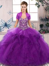 Clearance Purple Tulle Lace Up Sweet 16 Quinceanera Dress Sleeveless Floor Length Beading and Ruffles