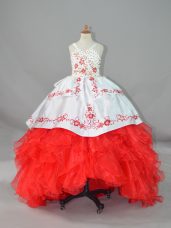 Straps Sleeveless Little Girls Pageant Dress Sweep Train Beading and Embroidery and Ruffles White And Red Satin and Organza