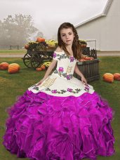Nice Ball Gowns Girls Pageant Dresses Fuchsia V-neck Organza Sleeveless Floor Length Lace Up
