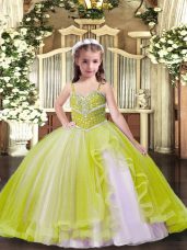 Straps Sleeveless Little Girls Pageant Gowns Floor Length Beading Yellow Green Tulle
