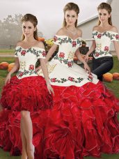 Extravagant White And Red Sleeveless Embroidery and Ruffles Floor Length 15 Quinceanera Dress