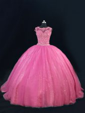 Simple Hot Pink Vestidos de Quinceanera Sweet 16 and Quinceanera with Beading and Lace and Sequins Scoop Sleeveless Lace Up
