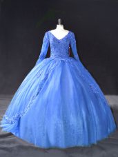 Cheap V-neck Long Sleeves Lace Up Sweet 16 Quinceanera Dress Blue Tulle
