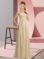 Exquisite Champagne Chiffon Lace Up Evening Dress Sleeveless Floor Length Beading and Ruching