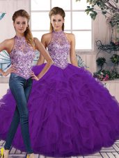 New Style Halter Top Sleeveless Lace Up 15th Birthday Dress Purple Tulle