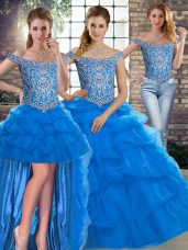 Off The Shoulder Sleeveless Brush Train Lace Up Vestidos de Quinceanera Blue Tulle