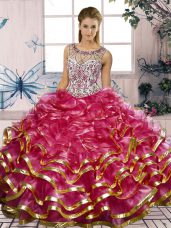 Decent Sleeveless Organza Floor Length Lace Up Quinceanera Gowns in Fuchsia with Beading and Ruffles