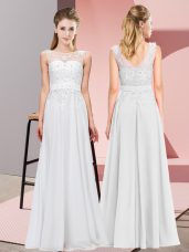 Luxury Chiffon Scoop Sleeveless Zipper Beading and Appliques Bridesmaid Dresses in White