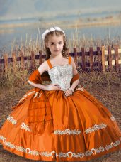 Orange Red Satin Lace Up Straps Sleeveless Floor Length Child Pageant Dress Beading and Embroidery