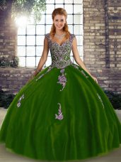 Olive Green Ball Gowns Straps Sleeveless Tulle Floor Length Lace Up Beading and Appliques 15 Quinceanera Dress