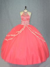 Best Watermelon Red Tulle Lace Up Halter Top Sleeveless Floor Length Vestidos de Quinceanera Beading and Ruffles