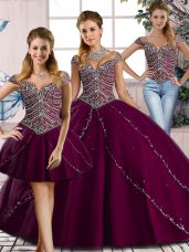 Chic Sweetheart Cap Sleeves Quince Ball Gowns Brush Train Beading Purple Tulle