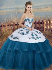Blue And White Tulle Lace Up Quinceanera Dress Sleeveless Floor Length Embroidery and Bowknot