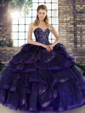 Tulle Sweetheart Sleeveless Lace Up Beading and Ruffles Ball Gown Prom Dress in Purple