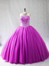 Lovely Lilac Halter Top Lace Up Beading 15th Birthday Dress Brush Train Sleeveless