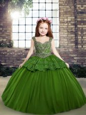 Green Lace Up Straps Beading Little Girl Pageant Gowns Tulle Sleeveless