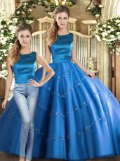Unique Floor Length Lace Up Quinceanera Gowns Blue for Military Ball and Sweet 16 and Quinceanera with Appliques