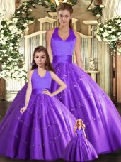 Decent Tulle Halter Top Sleeveless Lace Up Beading 15th Birthday Dress in Purple