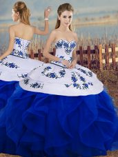 Tulle Sweetheart Sleeveless Lace Up Embroidery and Ruffles and Bowknot Quinceanera Dress in Royal Blue